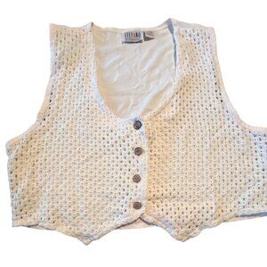 Vintage  90s Stefano International Crochet Vest L 100% Cotton Ivory Button-Up